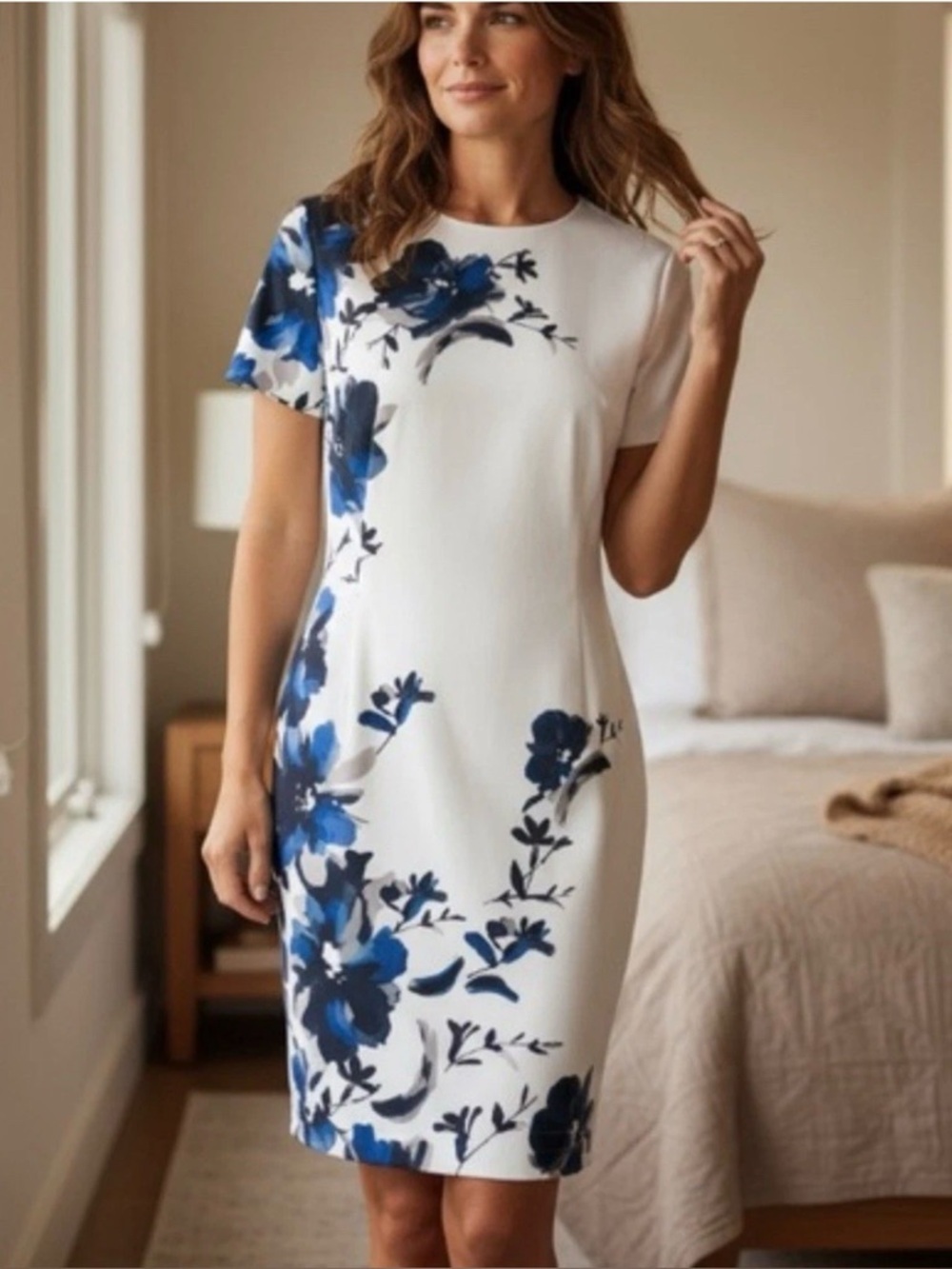 ST . JOHN Floral dress with Blue Bloom Print short sleeve 12 NWOT - Picture 1 of 11